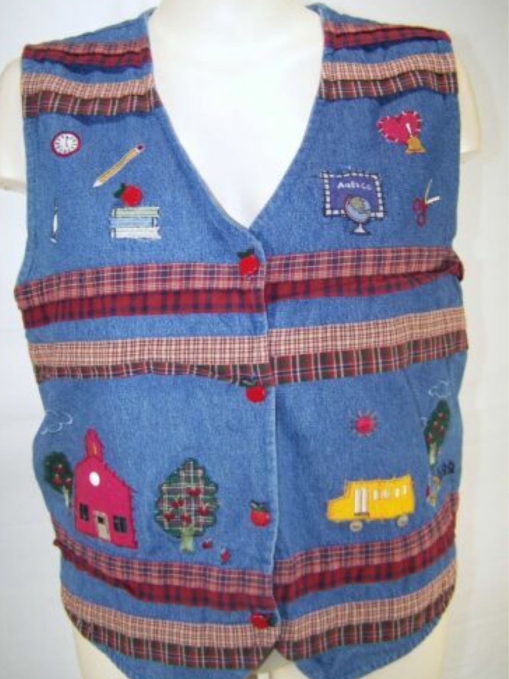 Bobbie Brooks Denim Vest with Red Plaid Trim